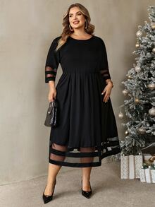 SHEIN CURVE+ Plus Size Autumn Winter New Mesh Patchwork Dress, Top Pick Party Banquet, Halloween, Christmas - Black - View 6