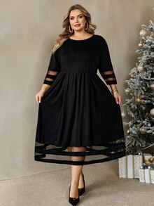 SHEIN CURVE+ Plus Size Autumn Winter New Mesh Patchwork Dress, Top Pick Party Banquet, Halloween, Christmas - Black - View 5