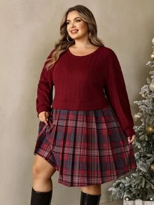 SHEIN CURVE+ Plus Size Women Plaid Patchwork Long Sleeve Sweatshirt Dress, Suitable For Autumn/Autumn /Winter Christmas Fall - Multicolor - View 5