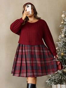 SHEIN CURVE+ Plus Size Women Plaid Patchwork Long Sleeve Sweatshirt Dress, Suitable For Autumn/Autumn /Winter Christmas Fall - Multicolor - View 6