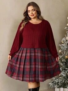 SHEIN CURVE+ Plus Size Women Plaid Patchwork Long Sleeve Sweatshirt Dress, Suitable For Autumn/Autumn /Winter Christmas Fall - Multicolor - View 3