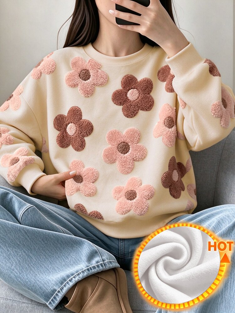 Girls' Loose Cute Sweatshirt, Crew Neck Fuzzy Floral Print Sweatshirt, Casual Long Sleeve Drop Shoulder Pullover Top - Multicolor - View 3