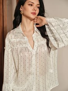 Anewsta Women's Elegant Long Sleeve Multi-Layer Ruffle Sleeve Loose Fit Versatile Commute Polka Dot Collar Blouse - White - View 5