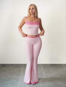 Sweetina Women 2pcs/Set Lace Camisole & Flare Pants, Casual Outfit For Girls Pink Flare Pants Set Lace Trim Two Piece Set - Pink - View 6