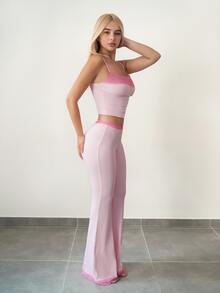 Sweetina Women 2pcs/Set Lace Camisole & Flare Pants, Casual Outfit For Girls Pink Flare Pants Set Lace Trim Two Piece Set - Pink - View 4