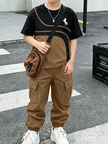 Boys' T-Shirt Set, Small Horse Graphic On Chest, Colorblock Round Neck Short Sleeve Top, Paired With Solid Color Cargo Pants, Suitable For Indoor And Outdoor Occasions In Summer - Multicolor - View 3