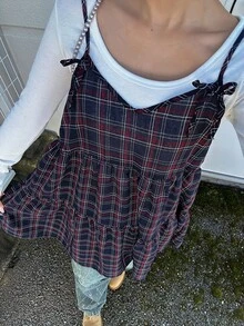 FRIFUL Women's Plaid Camisole With Bowknot Straps, A-Line Multi-Layered Cake Patchwork Layered Casual Preppy Cute Tank Top, Summer Wear Picnic White - Red - View 1