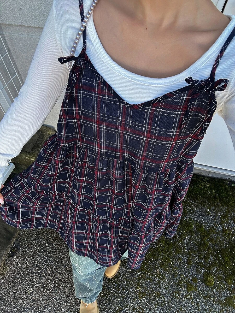 FRIFUL Women's Plaid Camisole With Bowknot Straps, A-Line Multi-Layered Cake Patchwork Layered Casual Preppy Cute Tank Top, Summer Wear Picnic White - Red - View 1