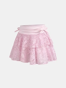 SHEIN Girlism 時尚短款粉色大女孩裙，圖案蕾絲細節與荷葉邊設計，內含短褲，秋冬款 - 粉色 - 查看 6