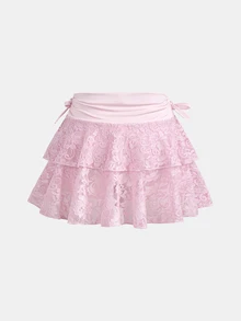 SHEIN Girlism 時尚短款粉色大女孩裙，圖案蕾絲細節與荷葉邊設計，內含短褲，秋冬款 - 粉色 - 查看 2