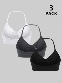 SHEIN Velisys Women's Solid Color Pleated Casual Modest Athleisure Daily Sports Halter Neck Tank Tops 3pcs/Set Gym All White Gray Black Summer - Black - View 3