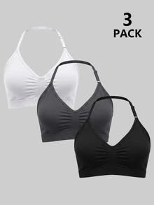 SHEIN Velisys Women's Solid Color Pleated Casual Modest Athleisure Daily Sports Halter Neck Tank Tops 3pcs/Set Gym All White Gray Black Summer - Black - View 2