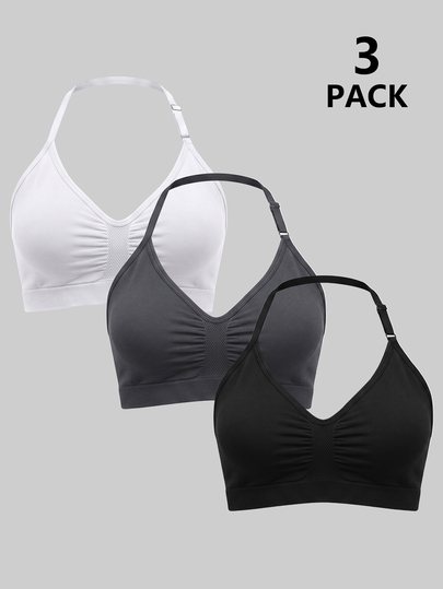 SHEIN Velisys Camisetas de tirantes con cuello halter para mujer, color liso, plisadas, casuales, modestas, athleisure, deportivas diarias, 3 piezas/set, gimnasio, blanco, gris, negro, verano