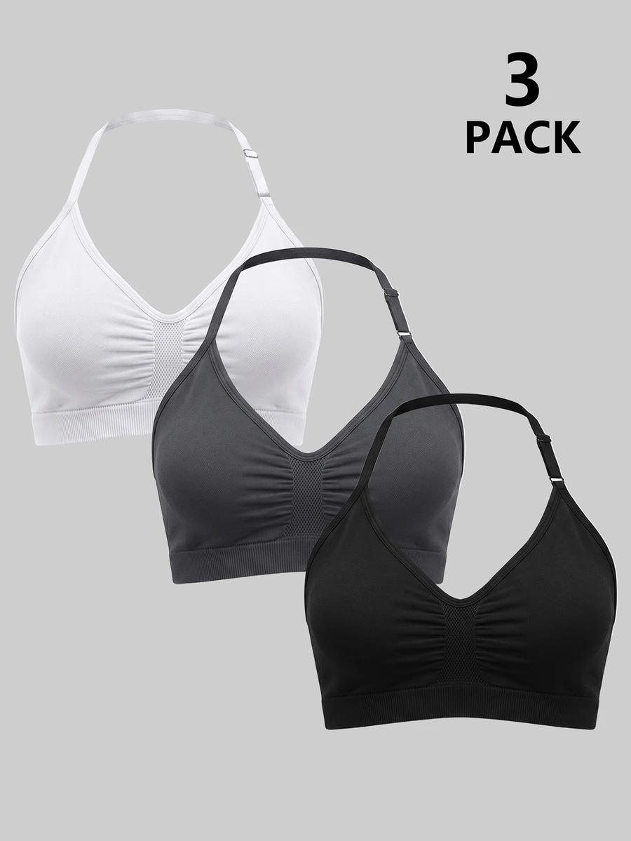 SHEIN Velisys Women's Solid Color Pleated Casual Modest Athleisure Daily Sports Halter Neck Tank Tops 3pcs/Set Gym All White Gray Black Summer