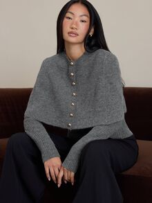 COSMINA Women's Grey Cape Sleeve Sweater Set, Two Pieces Knit Outfit With Metal Buttons - Grey - View 1