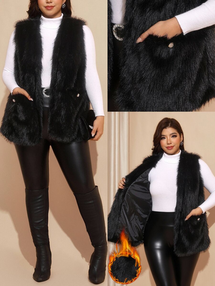Comfylo Plus Size Winter Sleeveless Faux Fur Coat Going Out Night Out Formal Black Elegant - Black - View 1