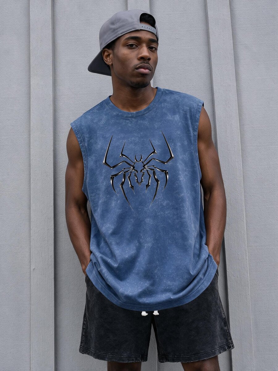 GymRaken Men's Spider Pattern Casual Daily Wear Sports Tank Top, Gym - Dusty Blue - View 1