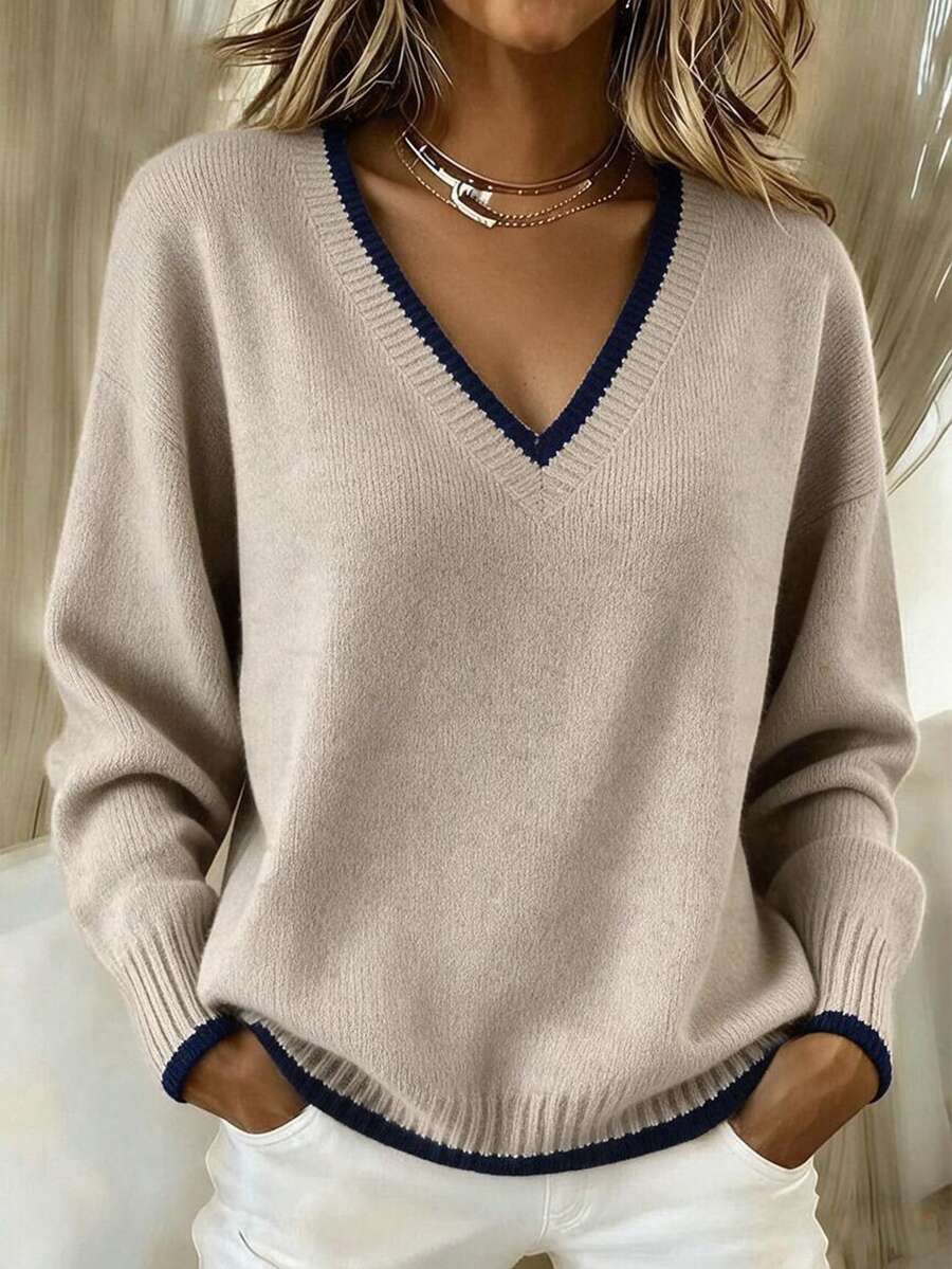 SHEIN Women's Colorblock V-Neck Drop Shoulder Long Sleeve Casual Pullover Sweater - Khaki - View 1