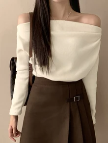 DAZY 女款純色露肩百褶長袖寬鬆T恤，秋季返校穿搭，秋季女裝外出上衣 - 白色 - 查看 5