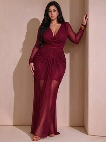 Juhart Plus Size Draped Neck Cowl Neck Long Sleeve Ruched Waist Mesh Patchwork Split Hem Dress, Suitable For Cocktail Party, Date, Party, Birthday, Ball And Other Occasions - Burgundy - View 4