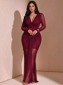 Juhart Plus Size Draped Neck Cowl Neck Long Sleeve Ruched Waist Mesh Patchwork Split Hem Dress, Suitable For Cocktail Party, Date, Party, Birthday, Ball And Other Occasions - Burgundy - View 3