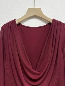 Juhart Plus Size Draped Neck Cowl Neck Long Sleeve Ruched Waist Mesh Patchwork Split Hem Dress, Suitable For Cocktail Party, Date, Party, Birthday, Ball And Other Occasions - Burgundy - View 5