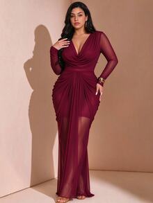 Juhart Plus Size Draped Neck Cowl Neck Long Sleeve Ruched Waist Mesh Patchwork Split Hem Dress, Suitable For Cocktail Party, Date, Party, Birthday, Ball And Other Occasions - Burgundy - View 1