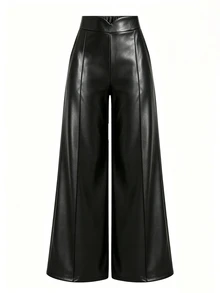 SHEIN LUNE Plus Size Women's Solid Color PU Leather Casual Versatile Daily Wear Long Pants - Black - View 3