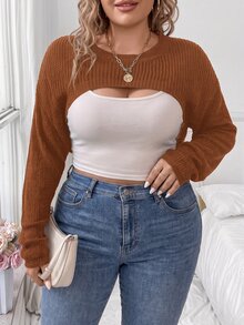 Elenzga Women's Plus Size Solid Color Simple Long Sleeve Super Crop Sweater For Daily Wear Knit Pullover Fall Winter - Rust Brown - View 6