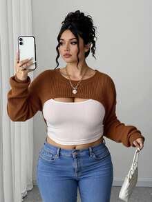 Elenzga Women's Plus Size Solid Color Simple Long Sleeve Super Crop Sweater For Daily Wear Knit Pullover Fall Winter - Rust Brown - View 4