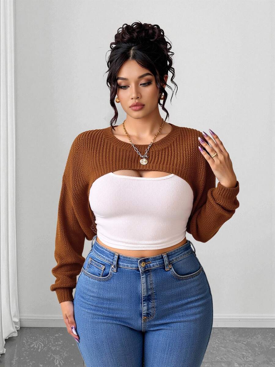 Elenzga Women's Plus Size Solid Color Simple Long Sleeve Super Crop Sweater For Daily Wear Knit Pullover Fall Winter - Rust Brown - View 1