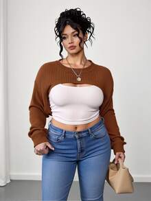 Elenzga Women's Plus Size Solid Color Simple Long Sleeve Super Crop Sweater For Daily Wear Knit Pullover Fall Winter - Rust Brown - View 3