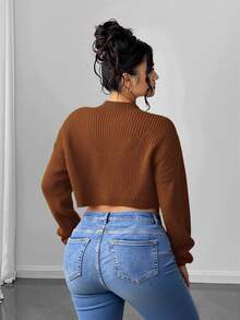 Elenzga Women's Plus Size Solid Color Simple Long Sleeve Super Crop Sweater For Daily Wear Knit Pullover Fall Winter - Rust Brown - View 2