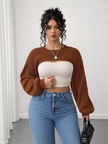 Elenzga Women's Plus Size Solid Color Simple Long Sleeve Super Crop Sweater For Daily Wear Knit Pullover Fall Winter - Rust Brown - View 5