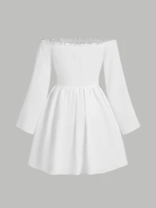 SHEIN Girlism Teen Girl Woven Solid Off The Shoulder Shirred Waist Dress - White - View 2