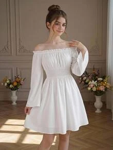 SHEIN Girlism Teen Girl Woven Solid Off The Shoulder Shirred Waist Dress - White - View 1