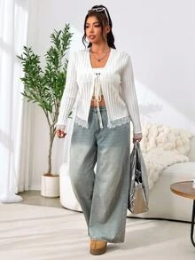 SHEIN EZwear Plus Size Women's Solid Color Contrast Lace Cuff Front Tie Jacket - White - View 3