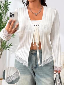SHEIN EZwear Plus Size Women's Solid Color Contrast Lace Cuff Front Tie Jacket - White - View 1