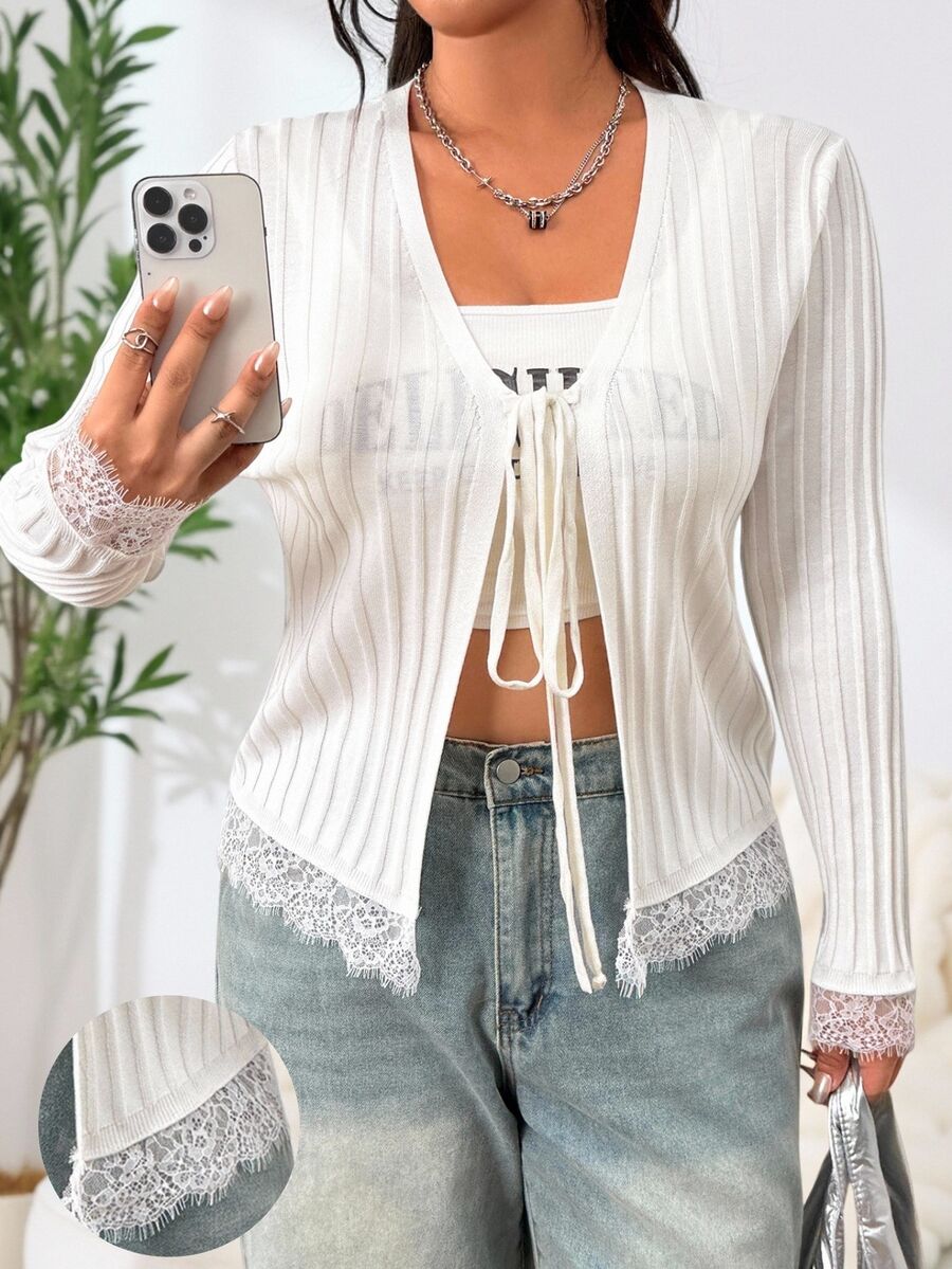 SHEIN EZwear Plus Size Women's Solid Color Contrast Lace Cuff Front Tie Jacket - White - View 1