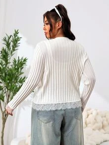 SHEIN EZwear Plus Size Women's Solid Color Contrast Lace Cuff Front Tie Jacket - White - View 2