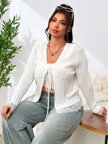 SHEIN EZwear Plus Size Women's Solid Color Contrast Lace Cuff Front Tie Jacket - White - View 5