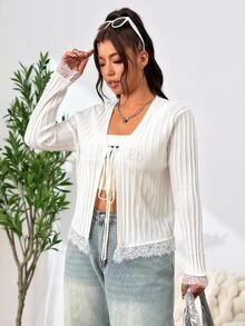 SHEIN EZwear Plus Size Women's Solid Color Contrast Lace Cuff Front Tie Jacket - White - View 4