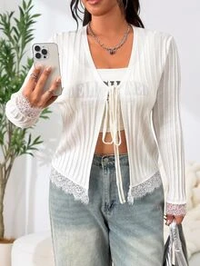 SHEIN EZwear Plus Size Women's Solid Color Contrast Lace Cuff Front Tie Jacket - White - View 6