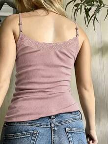 Zavorell Women's Solid Color Contrast Lace Fitted Ribbed Camisole - Dusty Pink - View 2