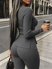 Rovax Casual Comfortable Fitted Long Sleeve Top Leggings 2 Pieces Set Brunch Brown Autumn - Grey - View 2