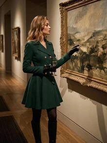 Editum Women's Solid Color Lapel Neck Long Sleeve Double-Breasted Elegant Overcoat - Dark Green - View 3