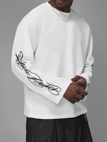 STYNVO Men's Textured Knit Long Sleeve T-Shirt, Script Print Sleeves, Crew Neck, Drop Shoulder Loose Fit, Casual Streetwear Top - Beige - View 3