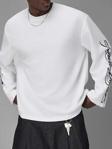 STYNVO Men's Textured Knit Long Sleeve T-Shirt, Script Print Sleeves, Crew Neck, Drop Shoulder Loose Fit, Casual Streetwear Top - Beige - View 5