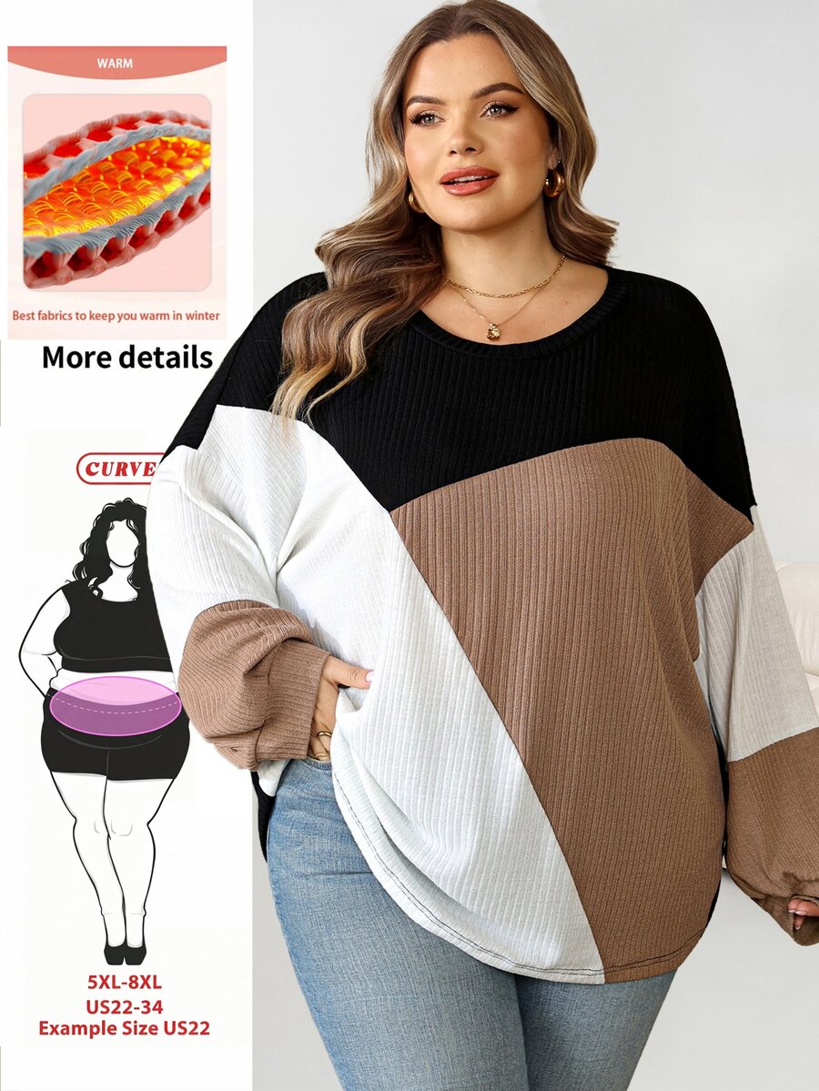 SHEIN CURVE+ بلوزة رياضية مقاس كبير بتصميم كتل لونية وياقة دائرية وأكمام فانوس، حفلة العطلات، عيد الميلاد - متعدد الألوان - مشاهدة 1