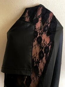SHEIN CURVE+ Plus Size Sheer Lace Patchwork PU Black Ultra Short Shorts, Holiday Party, Christmas - Black - View 8